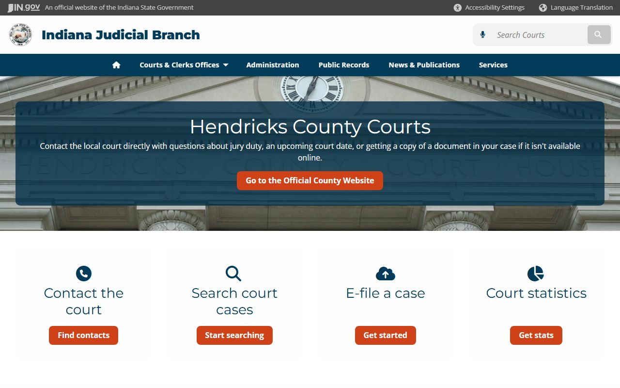 Indiana courts page for Hendricks County criminal court records