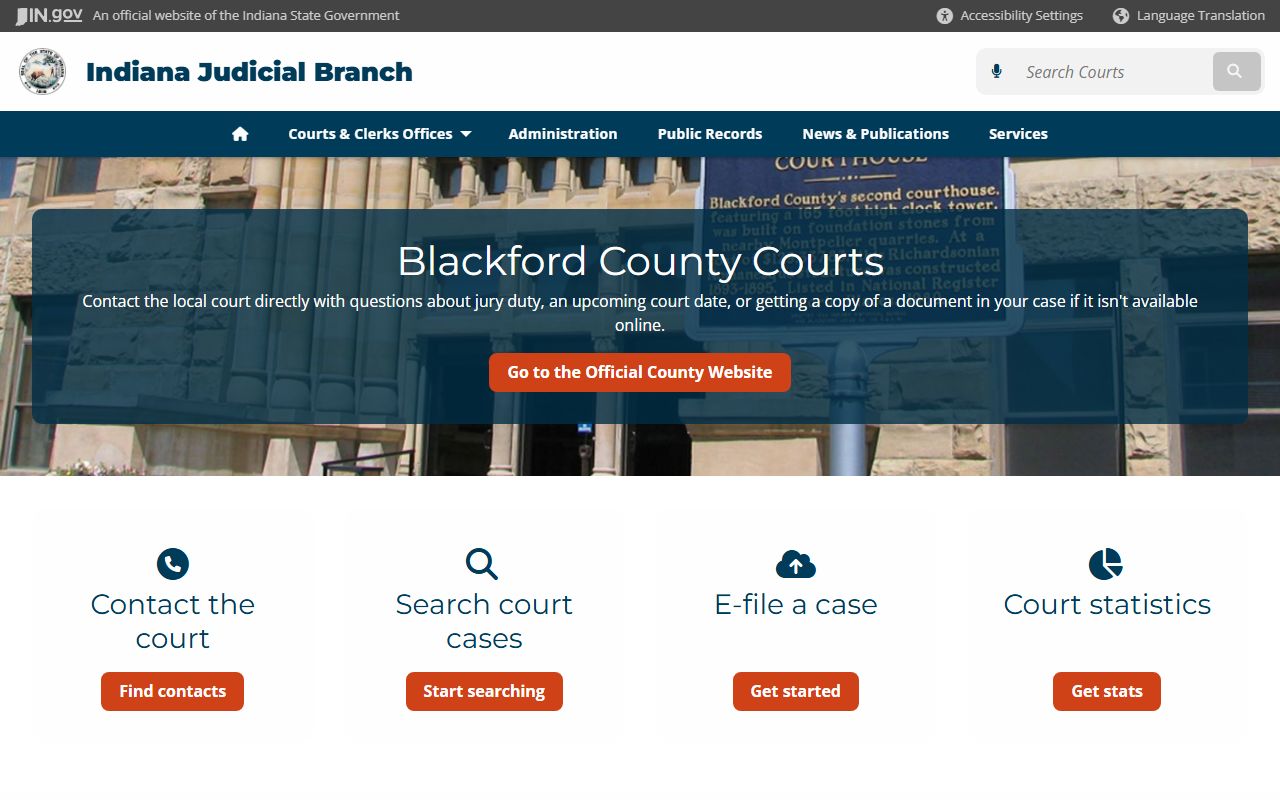 Indiana courts page for Blackford County criminal court records