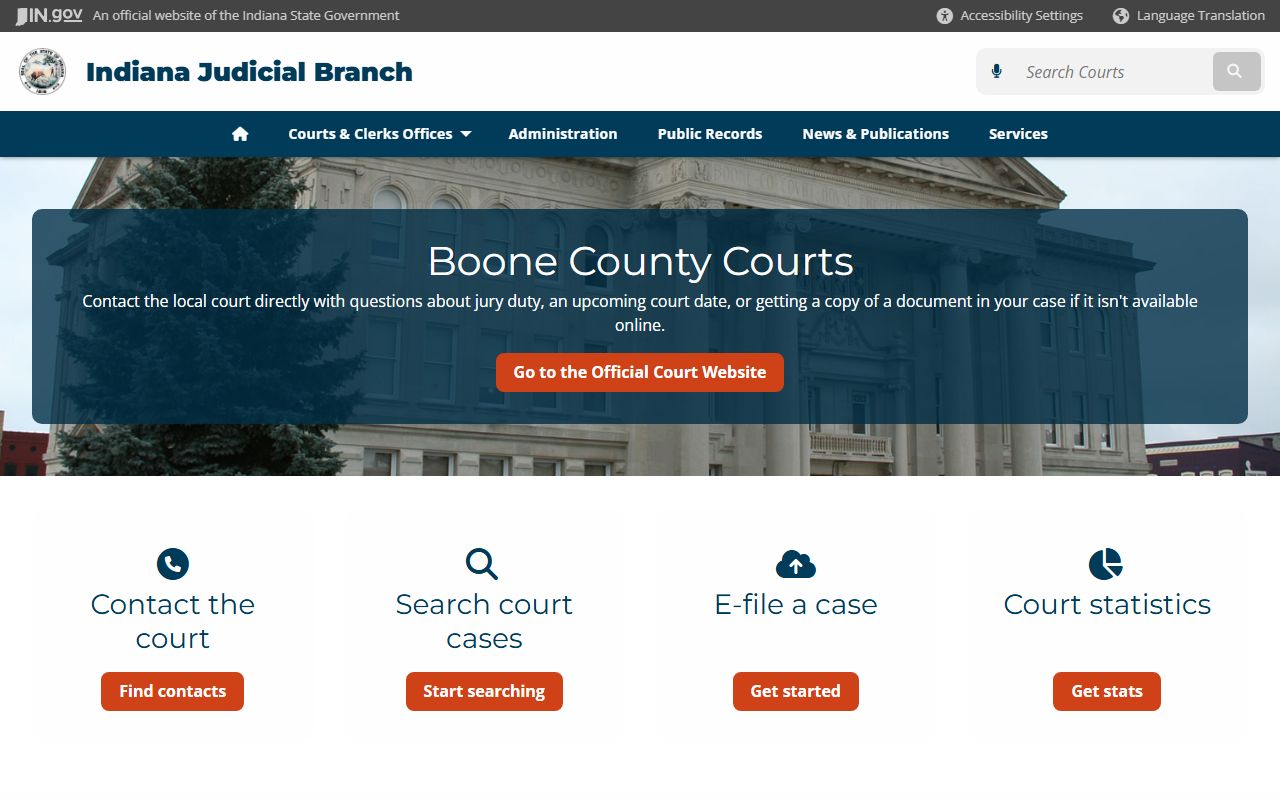 Indiana courts page for Boone County criminal court records