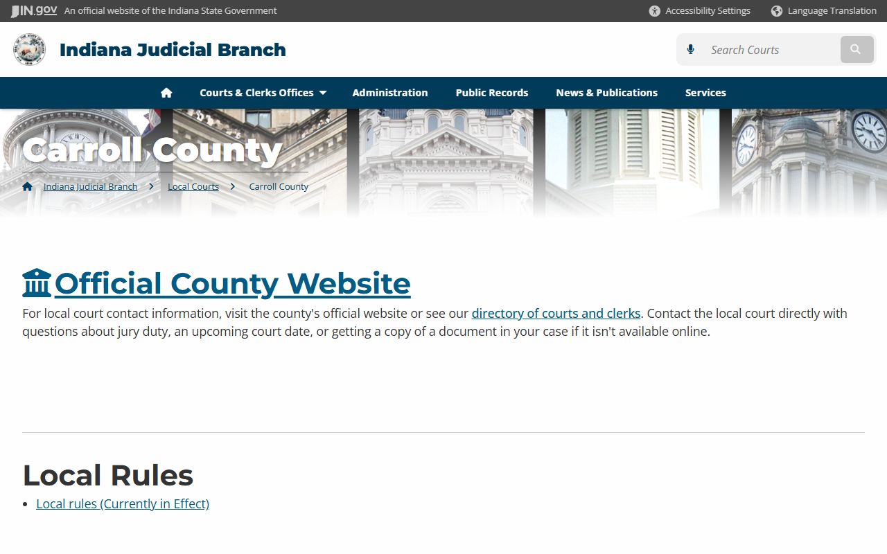 Indiana courts page for Carroll County criminal court records