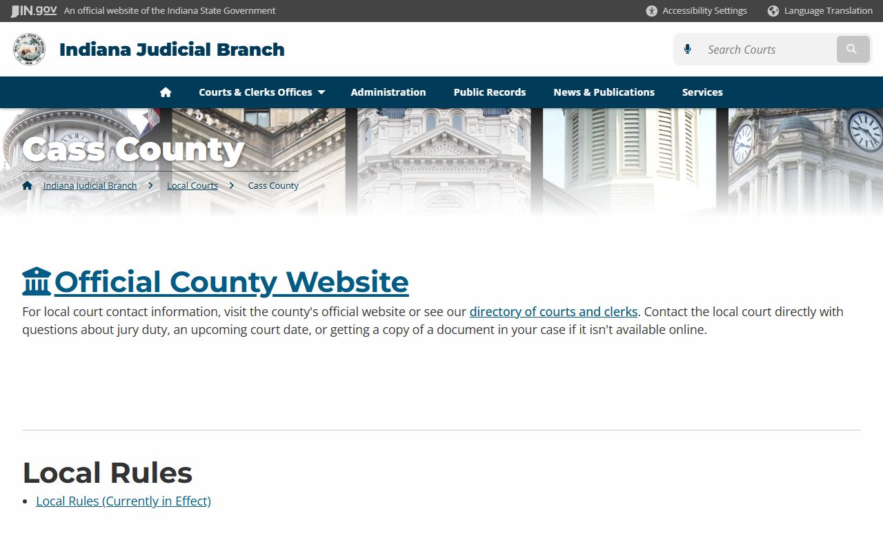 Indiana courts page for Cass County criminal court records