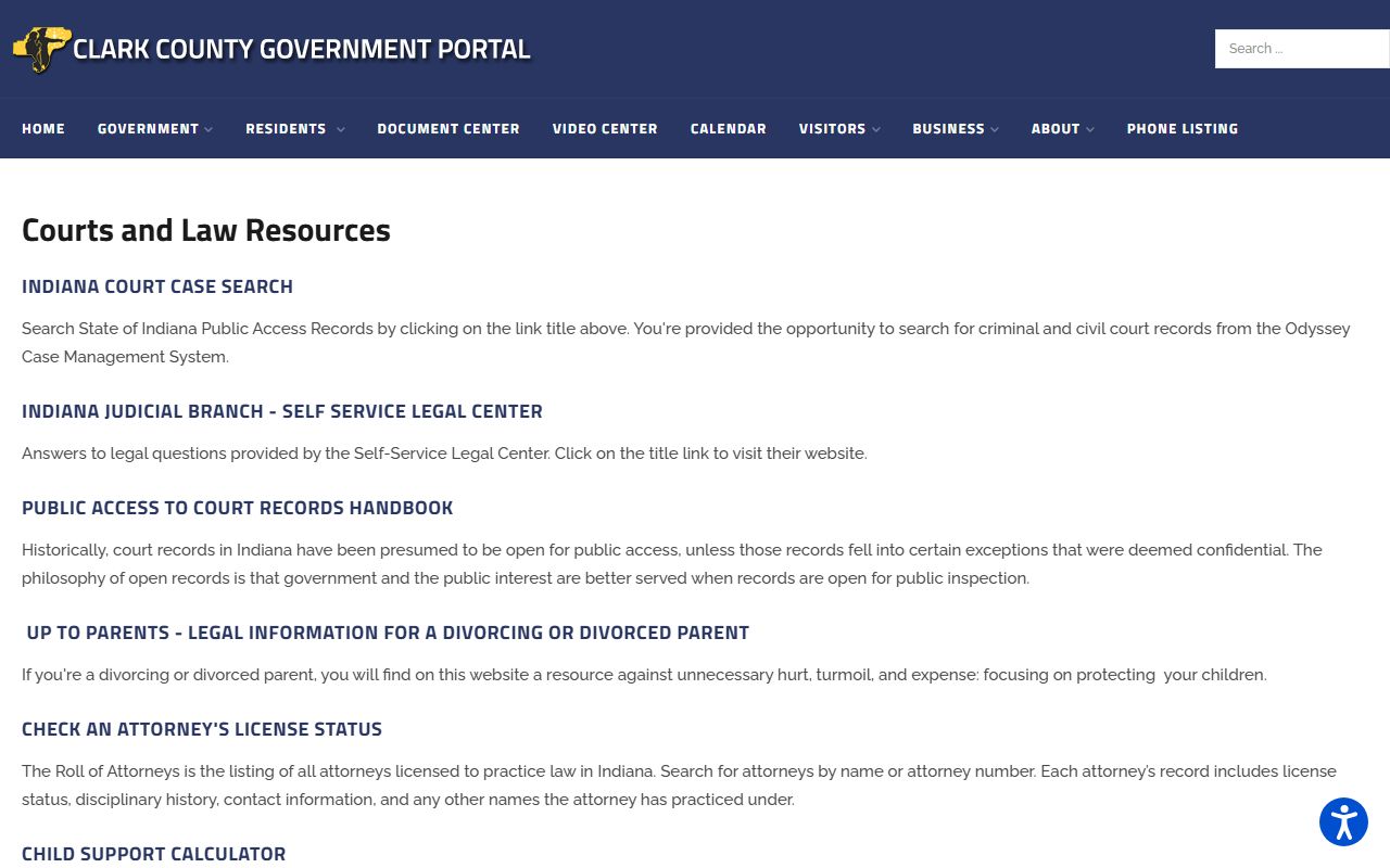Clark County Courts and Law page with criminal court records information