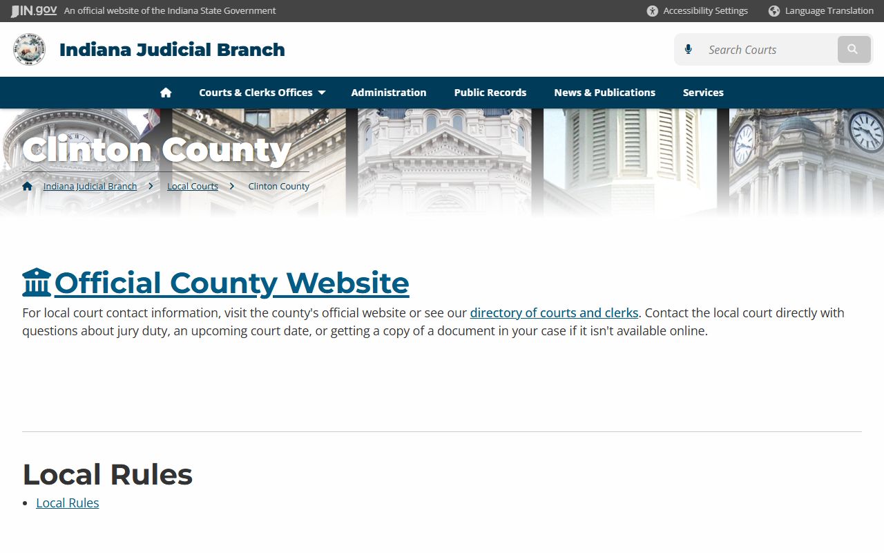Indiana courts page for Clinton County criminal court records