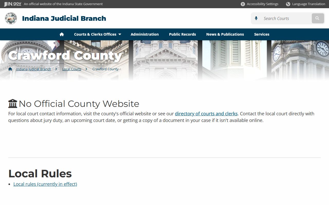 Indiana courts page for Crawford County criminal court records