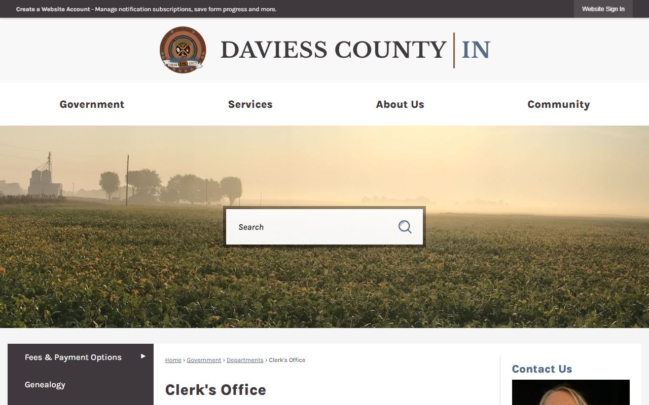Daviess County Clerk's Office page showing court divisions for criminal records