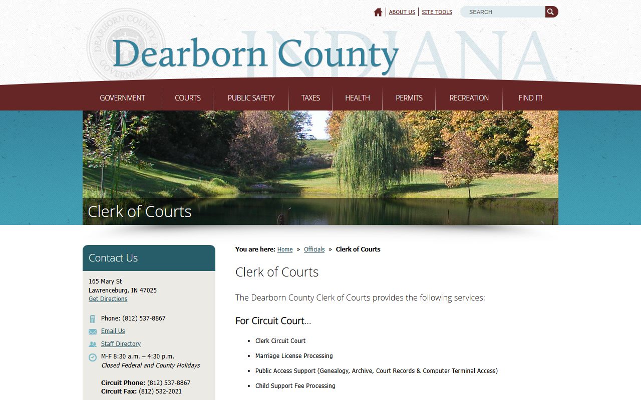 Dearborn County Clerk of Courts page for criminal court records services