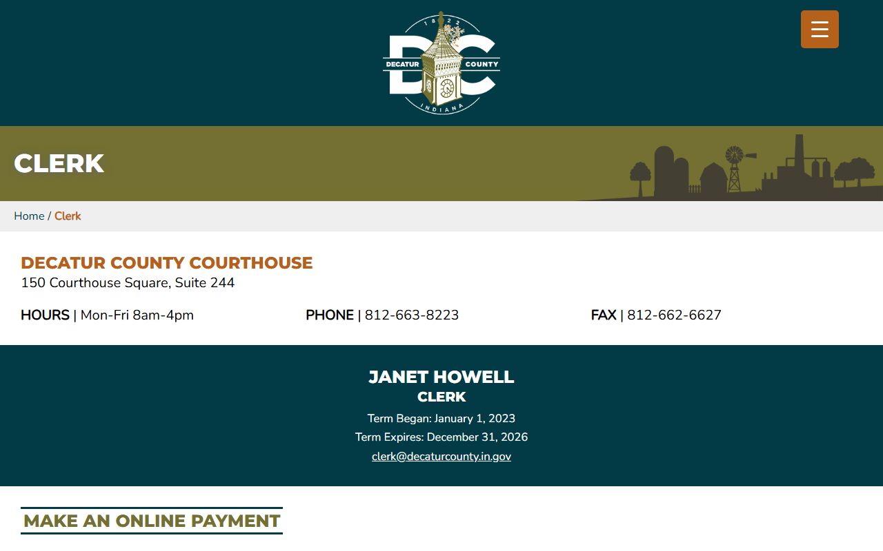 Decatur County Clerk page with links to criminal court records and payments