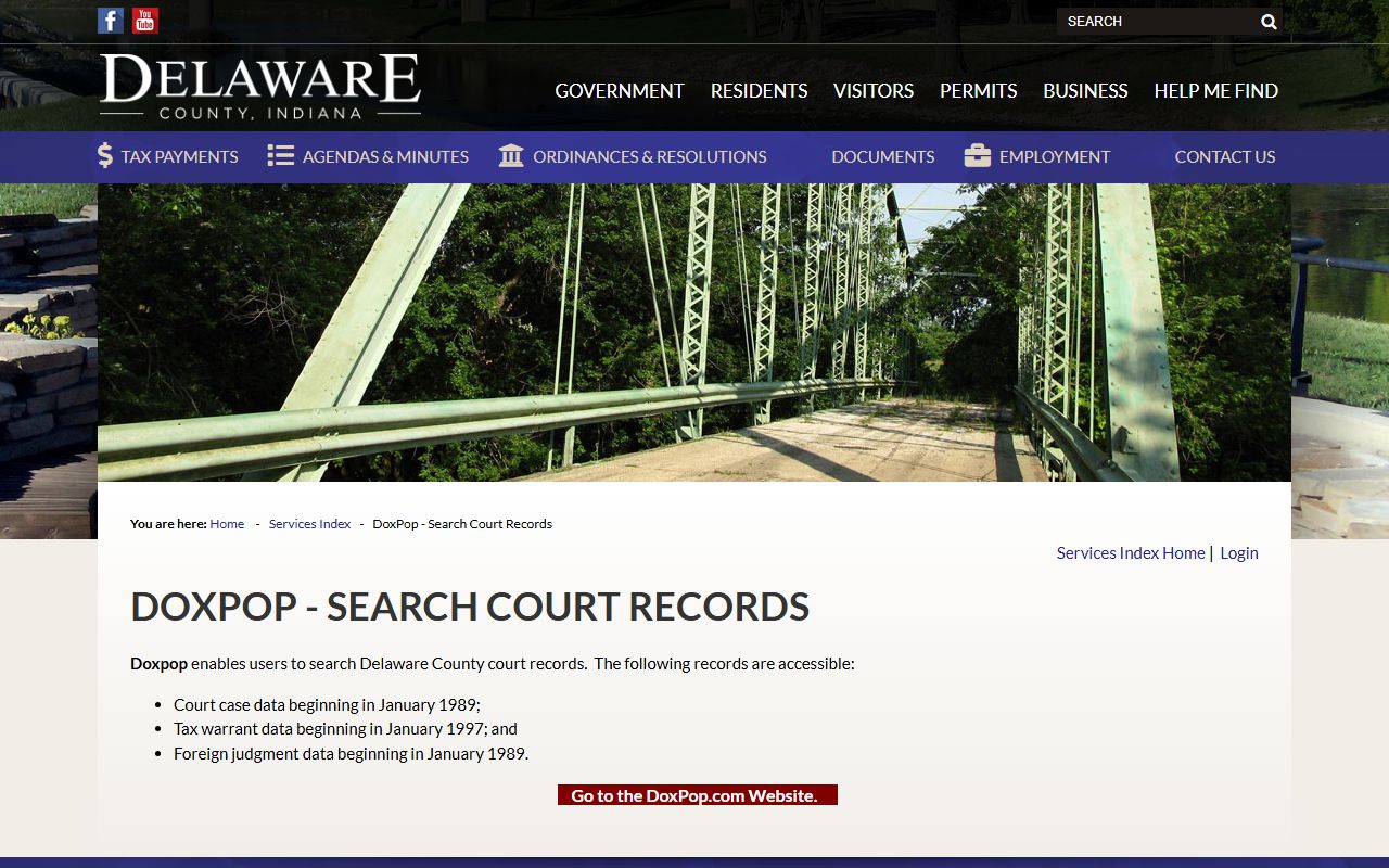 Doxpop access page for Delaware County criminal court records