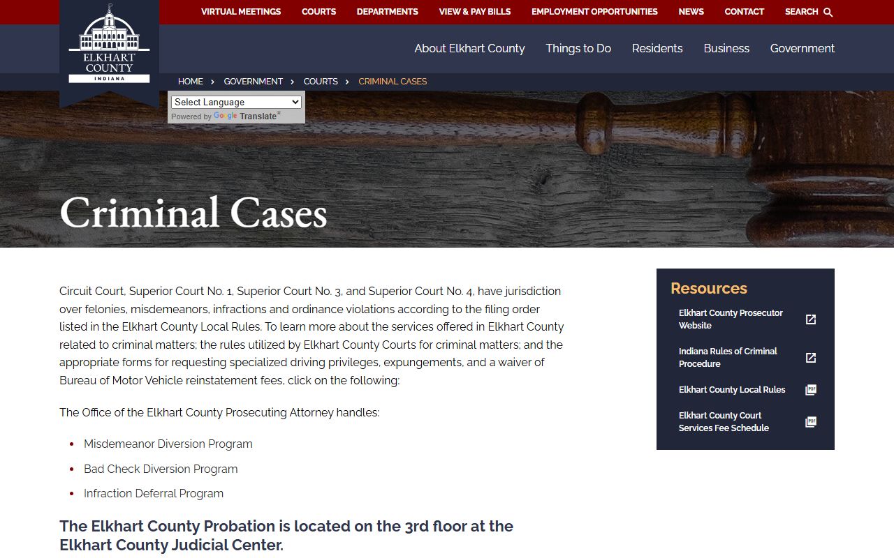 Elkhart County criminal cases page for court records