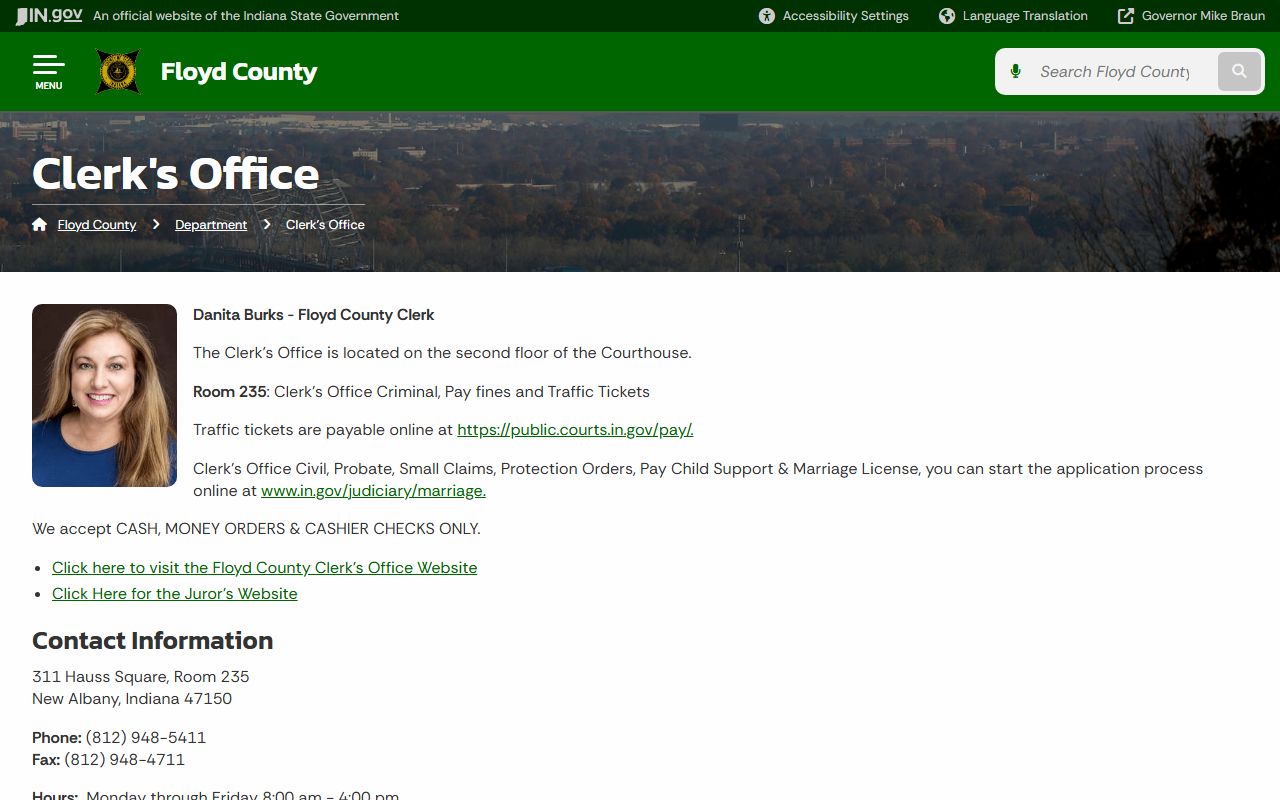 Indiana state page for Floyd County Clerk's Office and criminal court records
