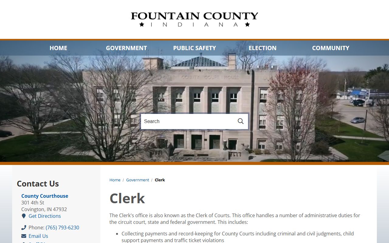 Fountain County Clerk page with contact details for criminal court records