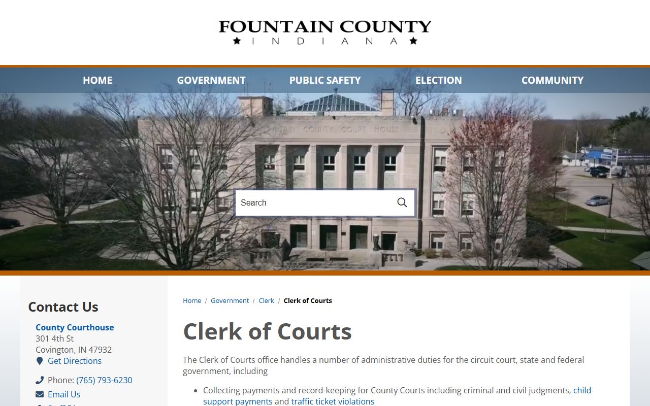 Fountain County Clerk of Courts division page for criminal records access