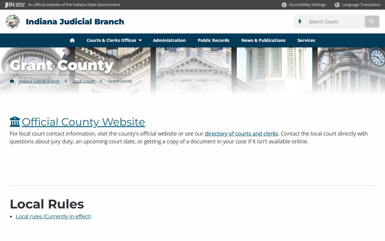 Indiana courts page for Grant County criminal court records