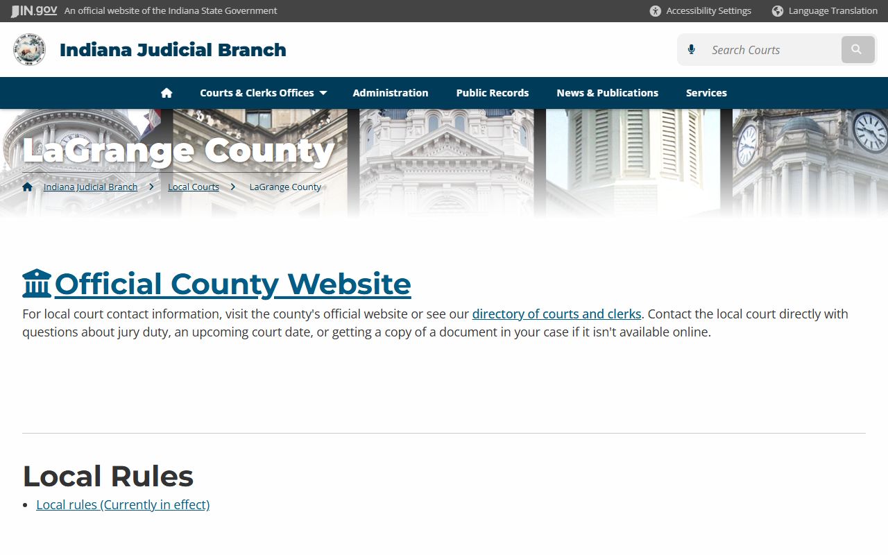 Indiana courts page for LaGrange County criminal court records