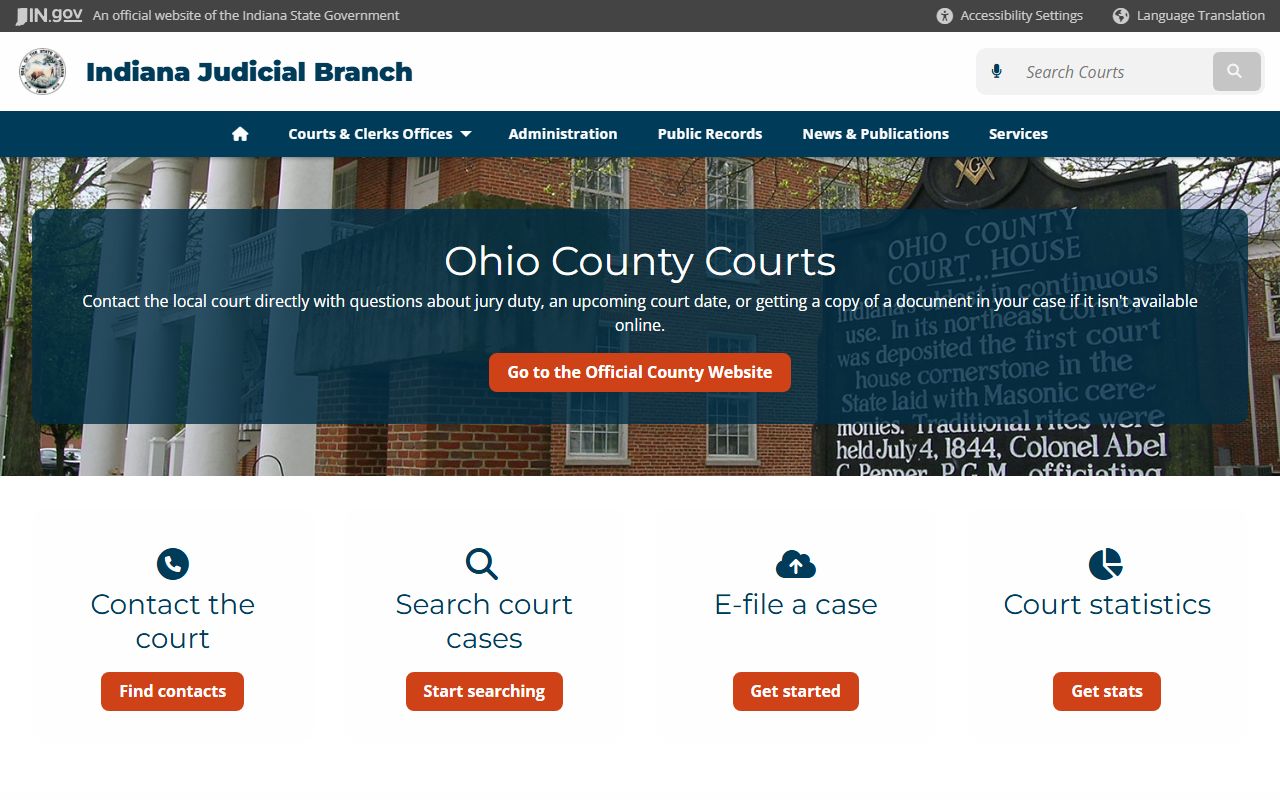 Indiana courts page for Ohio County criminal court records
