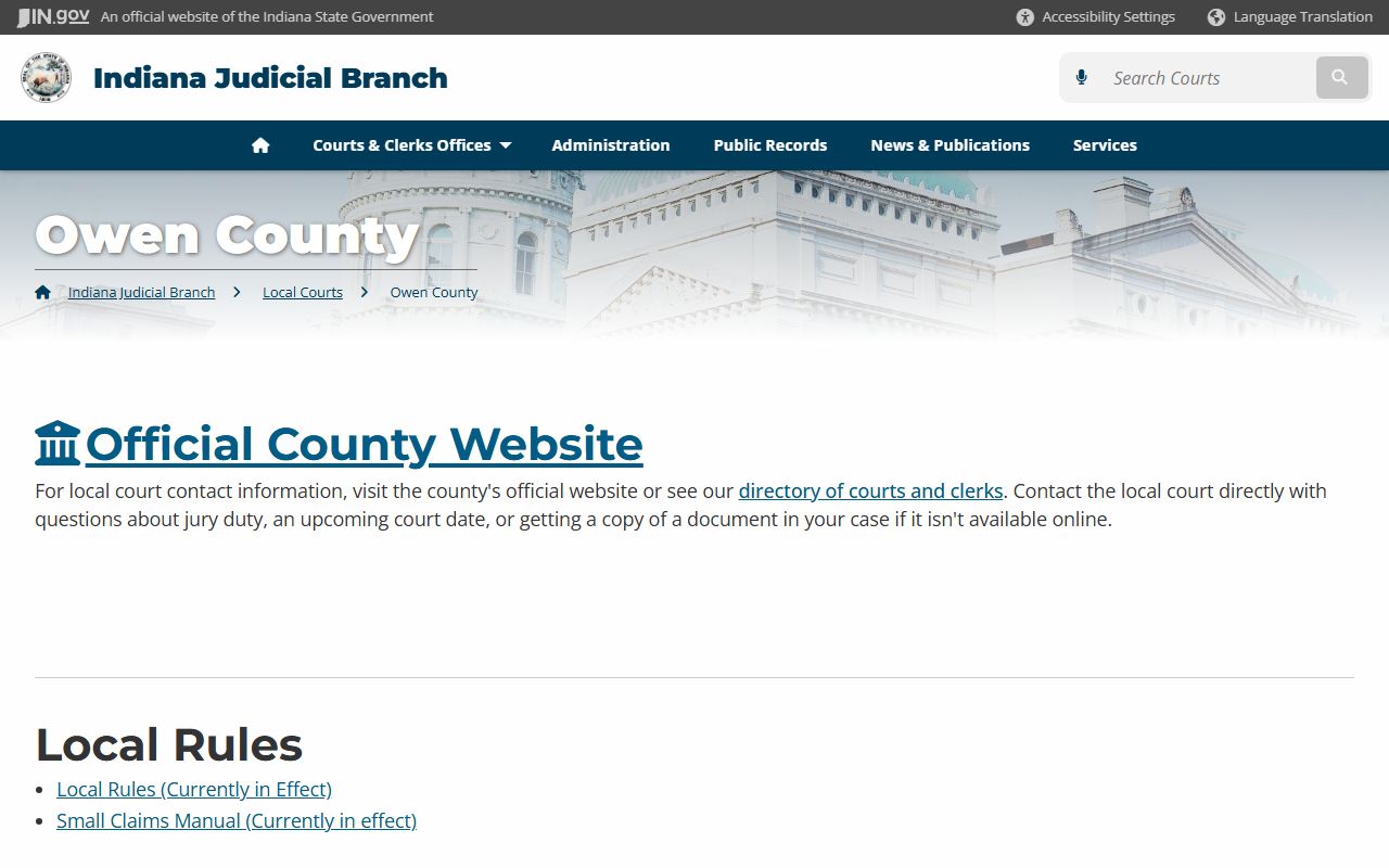 Indiana courts page for Owen County criminal court records information