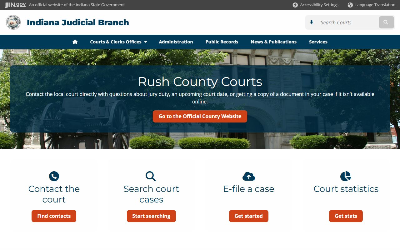 Indiana courts page for Rush County court system and criminal records
