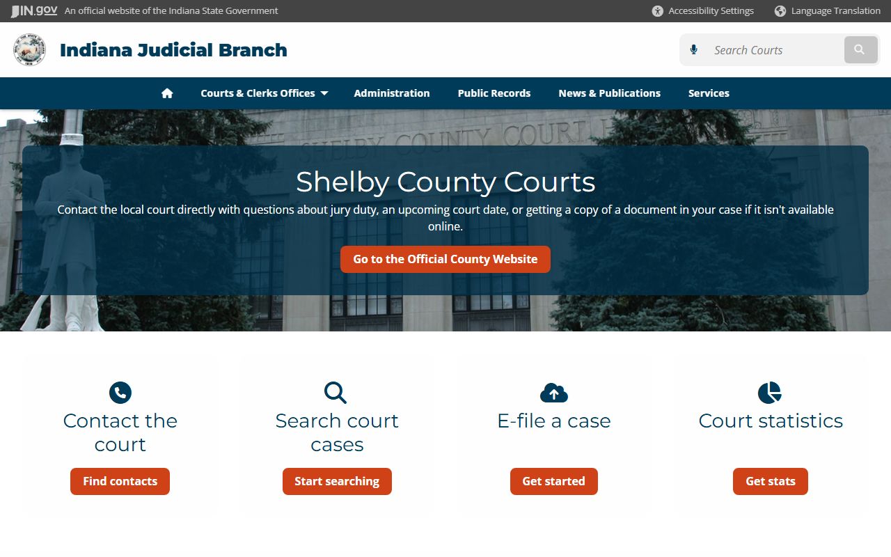 Indiana courts page for Shelby County court system and criminal records