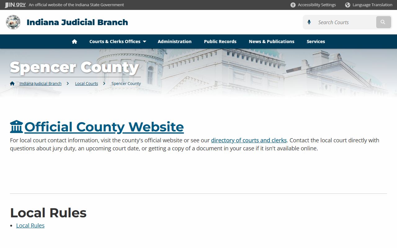 Indiana courts page for Spencer County criminal court records