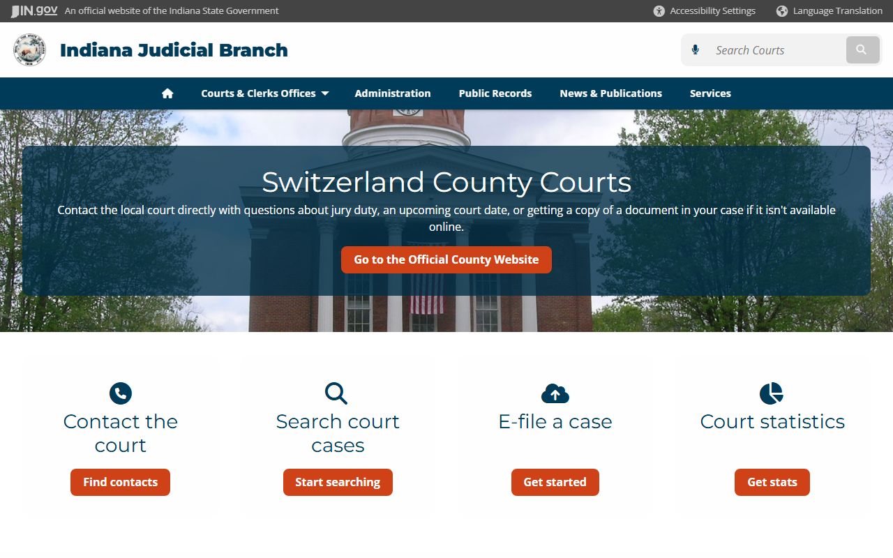 Indiana courts page for Switzerland County criminal court records