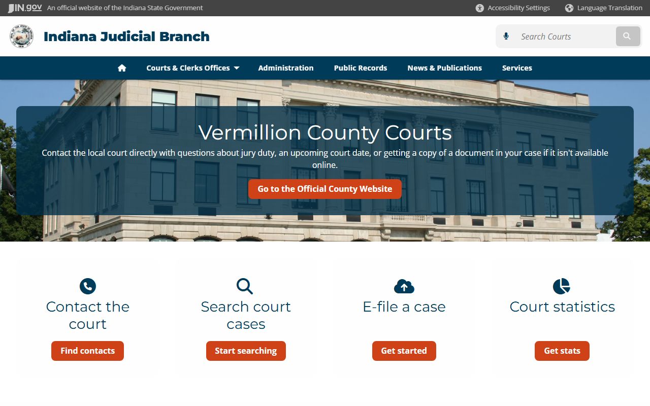Indiana courts page for Vermillion County criminal court records