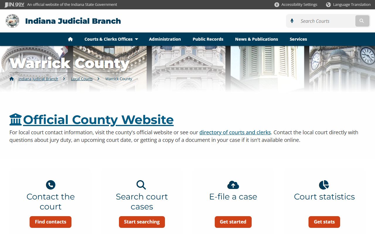 Indiana courts page for Warrick County criminal court records