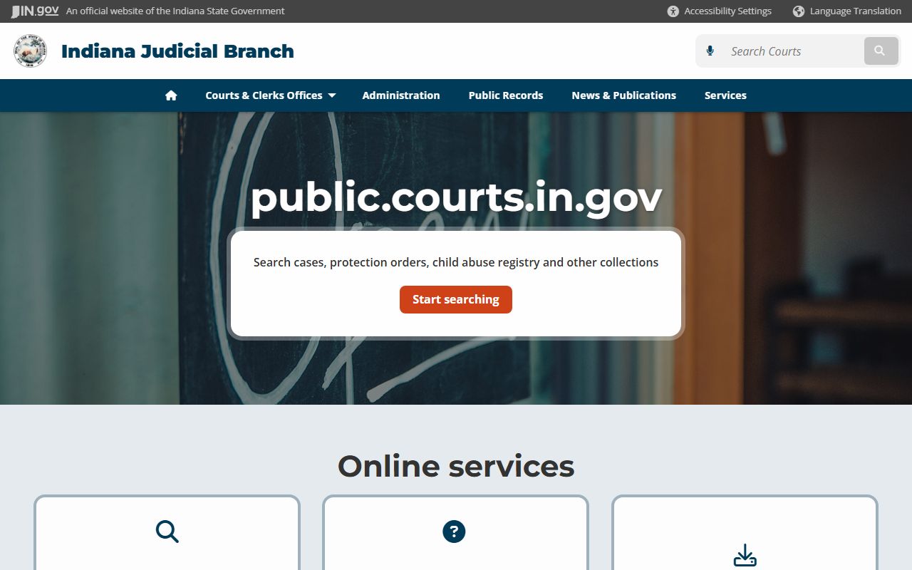 Indiana courts public records page for criminal court records