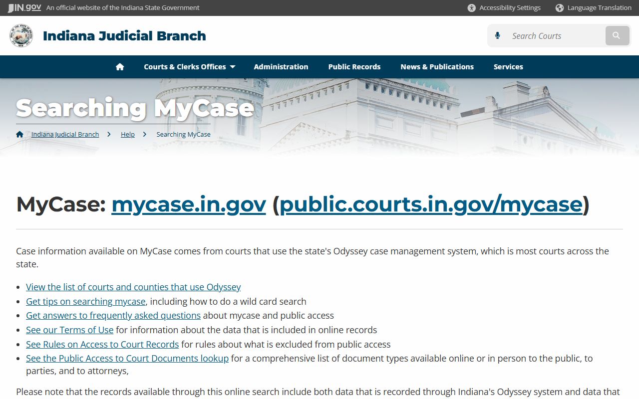 MyCase help page showing Indiana criminal court records availability