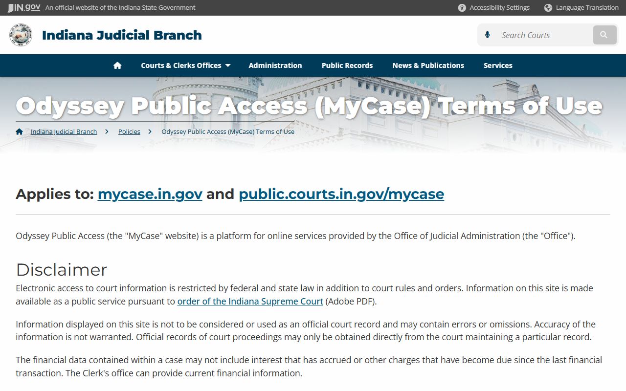 Indiana MyCase terms of use for criminal court records access